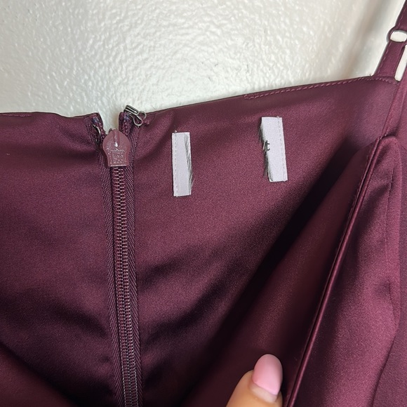Sunday Best Shimmer Satin Square Neck 90s Style Mini Dress in Spiced Burgundy - Picture 12 of 17